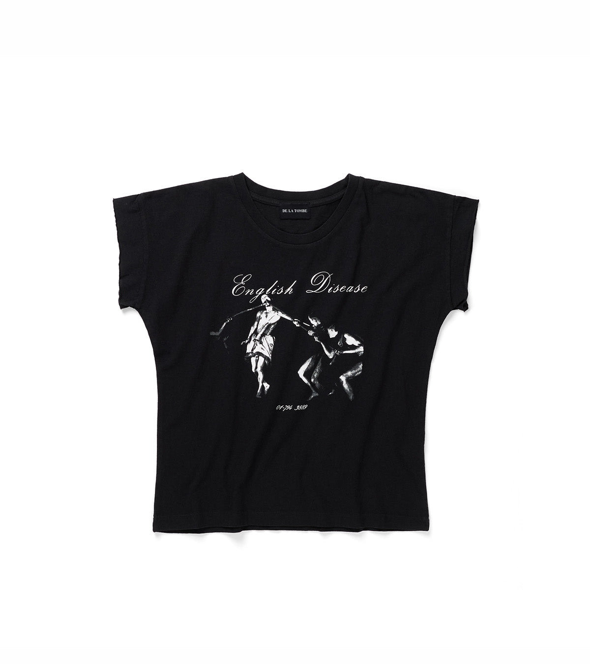 A black short-sleeve crop top with a white graphic print of a cowboy riding a horse and the text 'English Disease' and '1994', displayed flat against a white background.