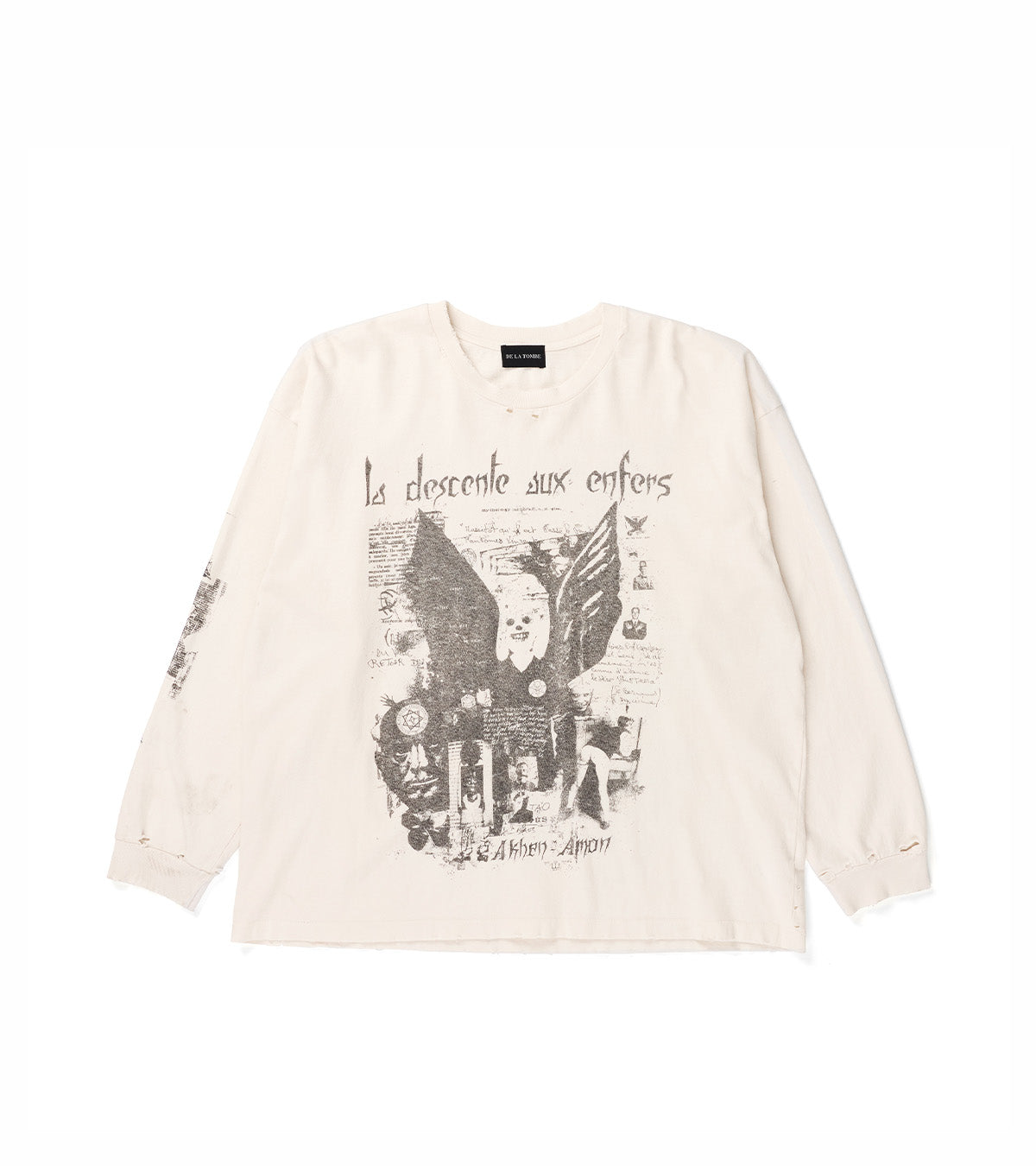 An off-white long-sleeve t-shirt with a large black graphic print on the front, featuring a winged figure, text, and newspaper-style collage elements. The shirt is laid flat against a white background.