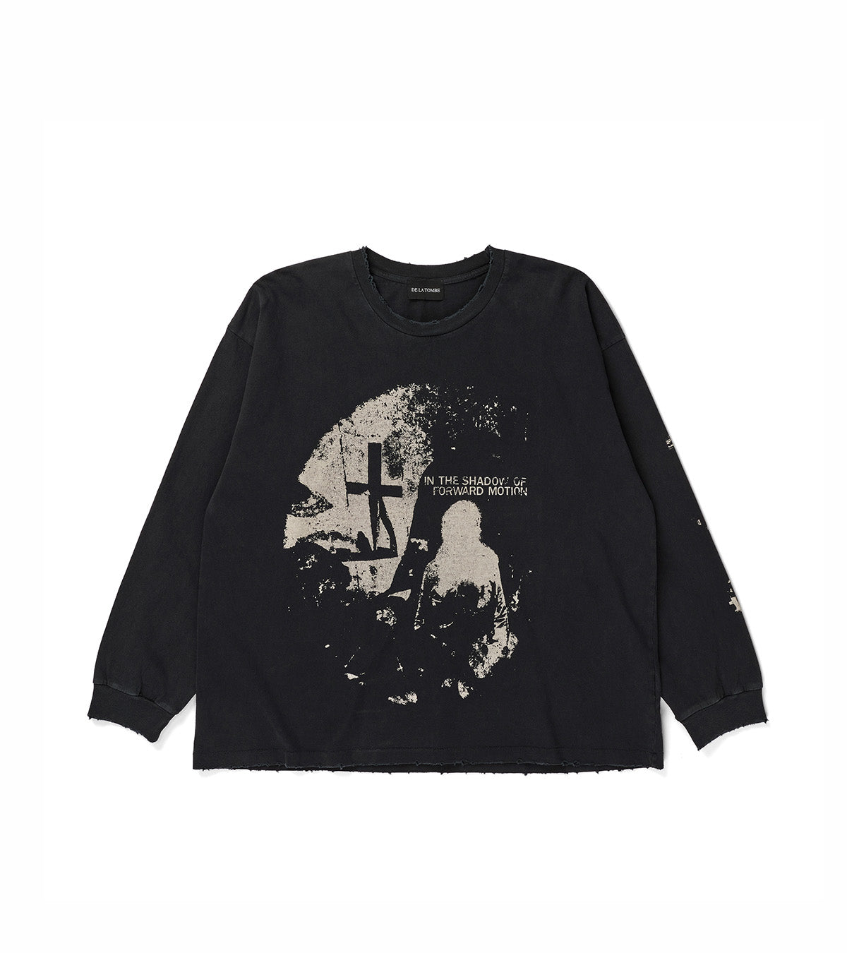 A black long-sleeve t-shirt with a distressed, faded graphic print on the front showing a cross, a tombstone, and a figure, with the text 'IN THE SHADOWS FOREVER SEPARATE' on a white background.