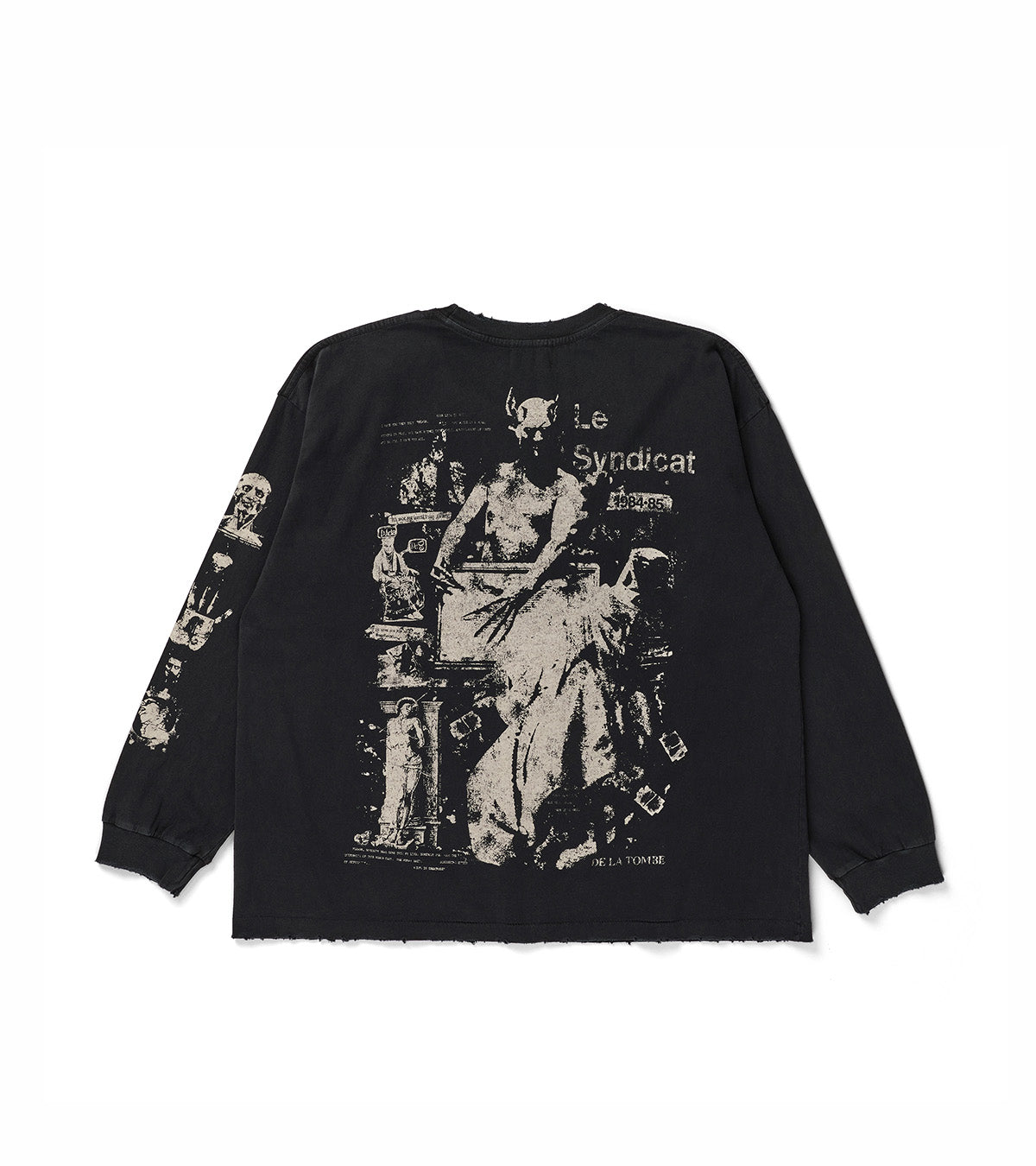 A black long-sleeve t-shirt with a distressed white graphic print on the front and sleeve, featuring a classical statue illustration and the text 'Le Syndicat des Artistes'.