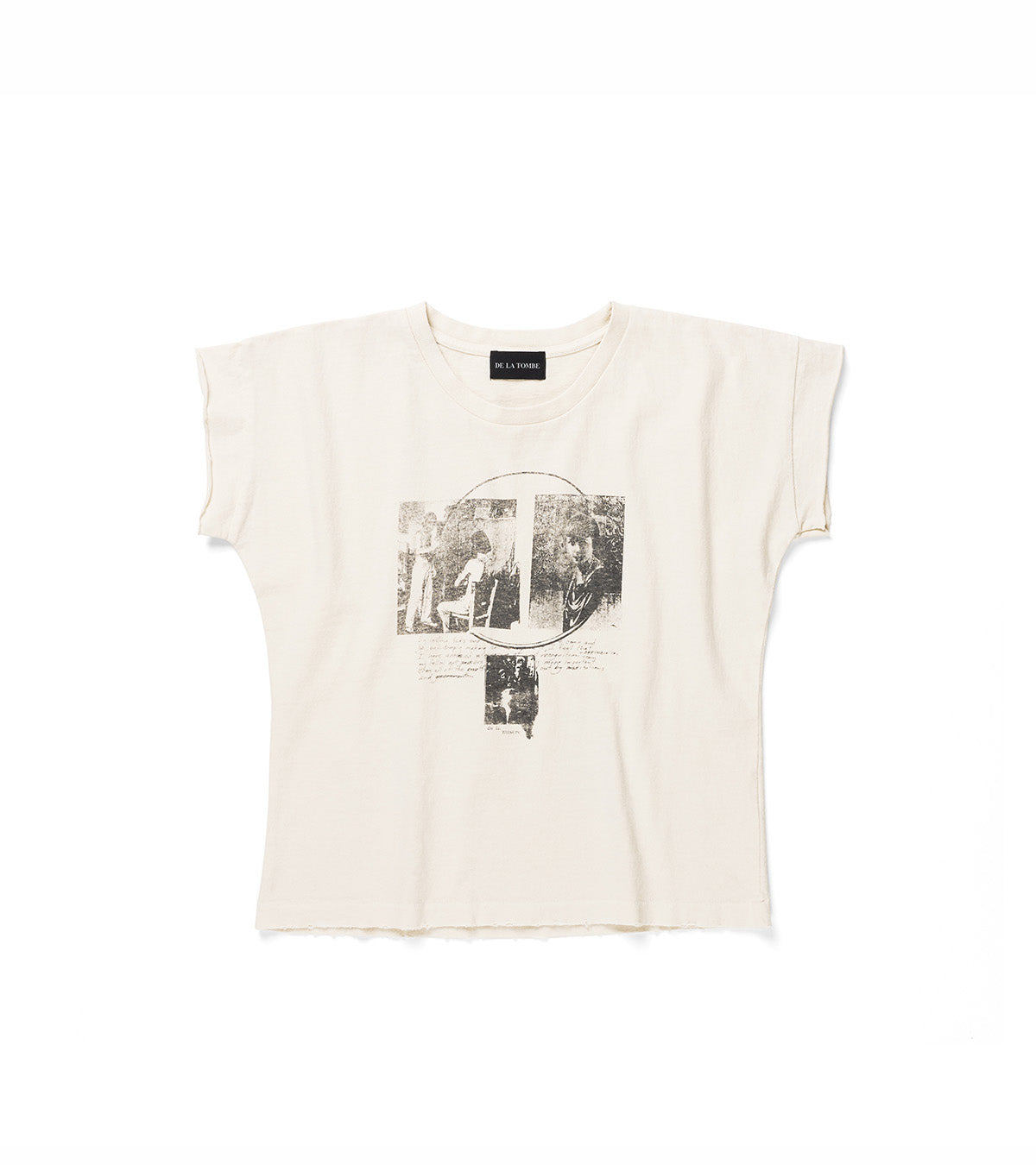 An off-white short-sleeve crop top featuring a black and white graphic collage print on the front, displayed flat against a solid white background.