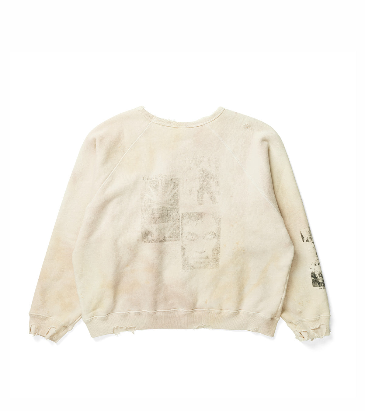 A distressed, faded cream-colored crewneck sweatshirt with a tonal graphic print on the front and sleeve, laid flat on a white background.