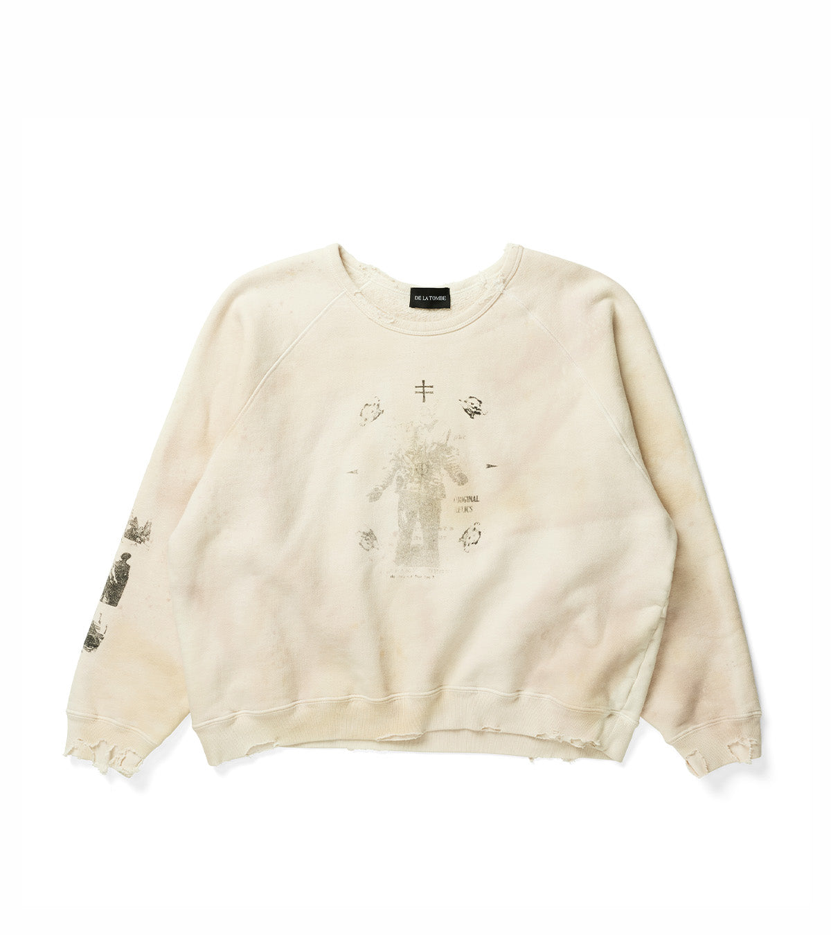 A cream-colored crewneck sweatshirt with a distressed, faded graphic print on the front and sleeve, laid flat against a white background.