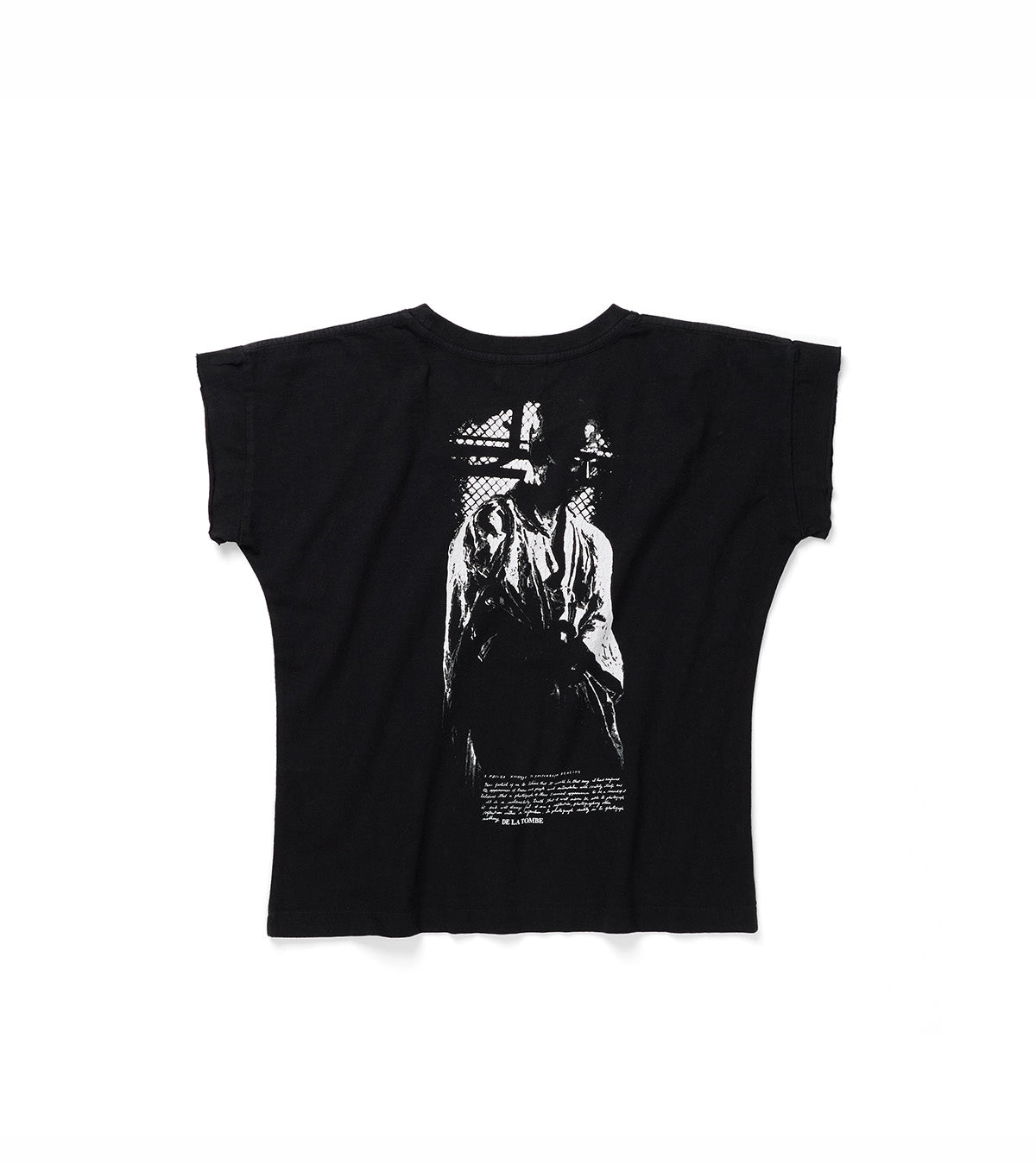 A black short-sleeve t-shirt with a large white graphic print of a figure holding a rifle, displayed flat against a white background.
