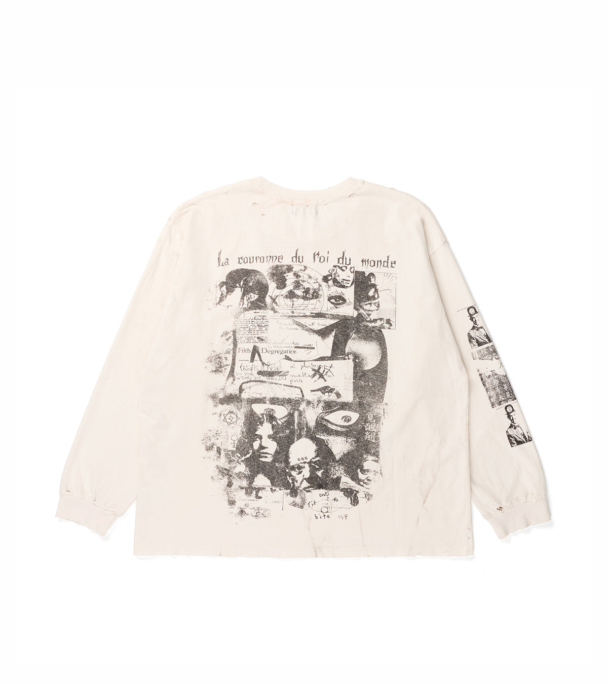 An off-white long-sleeve shirt shown from the back, featuring a large black graphic collage print with French text and smaller black graphic prints on the sleeve.