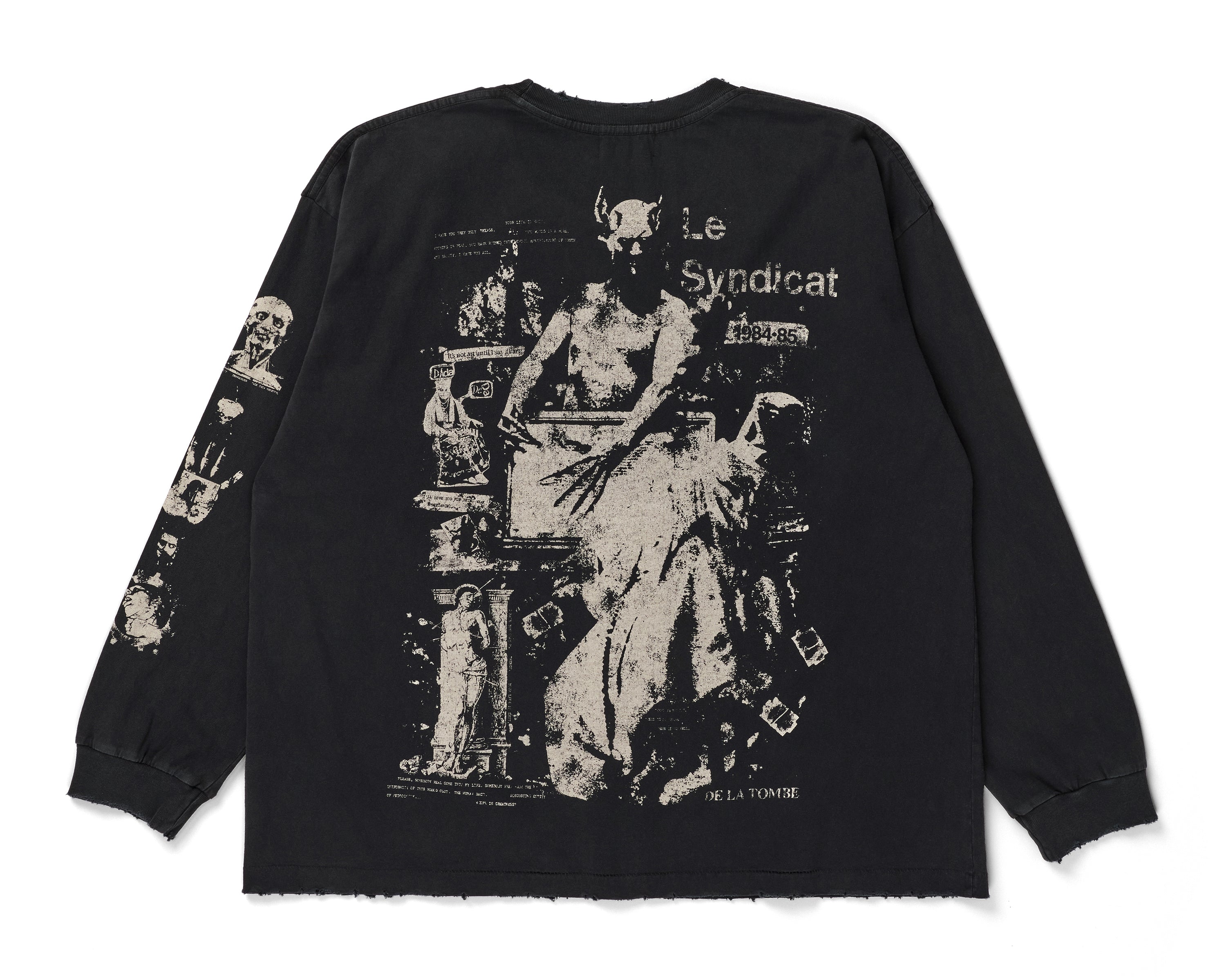 A black long-sleeve t-shirt with a distressed beige graphic print on the back, featuring a classical statue illustration and the text 'Le Syndicat' and 'DE LA TOMBE'.