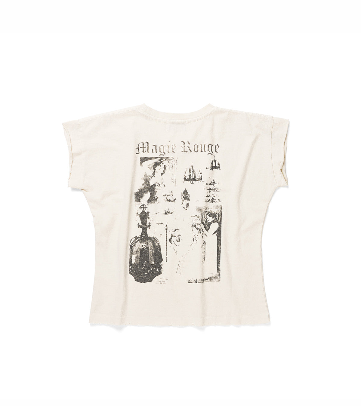 An off-white short-sleeve t-shirt with a black graphic print on the back featuring the text 'Magic Rouge' and gothic illustrations, shown against a plain white background.