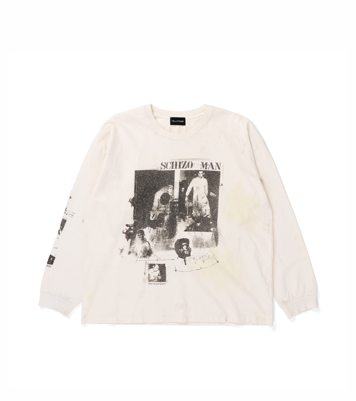 An off-white long-sleeve t-shirt featuring a large black and white graphic print on the front with the text 'SCHIZO MAN' and a collage of images, laid flat against a white background.